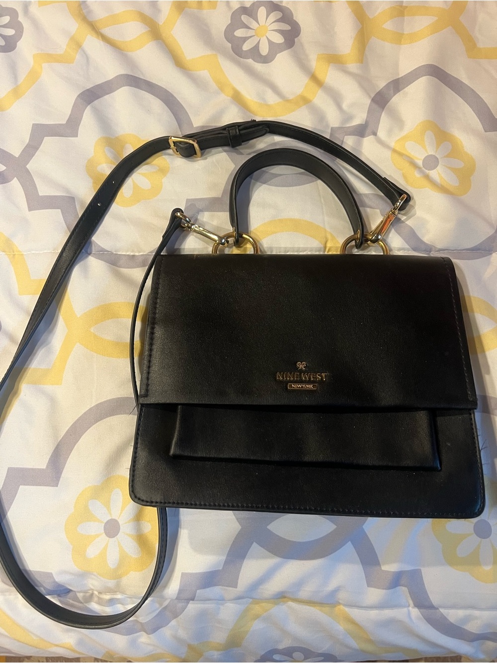 Nine West Black Leather Structured Top-Handle Satchel